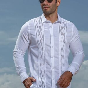Guayabera y Camisa Artesanal Blanca Manga Larga Con Sesgos