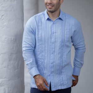 Guayabera Artesanal Azul de Lino para Hombre