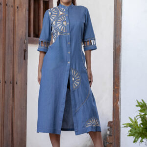 Kaftán Artesanal Índigo Claro Cuello Neru Trama Celeste