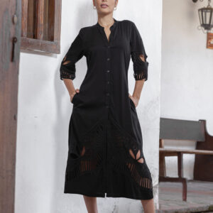 Kaftán Negro de Tela Canali con Bordado Eterno Artesanal